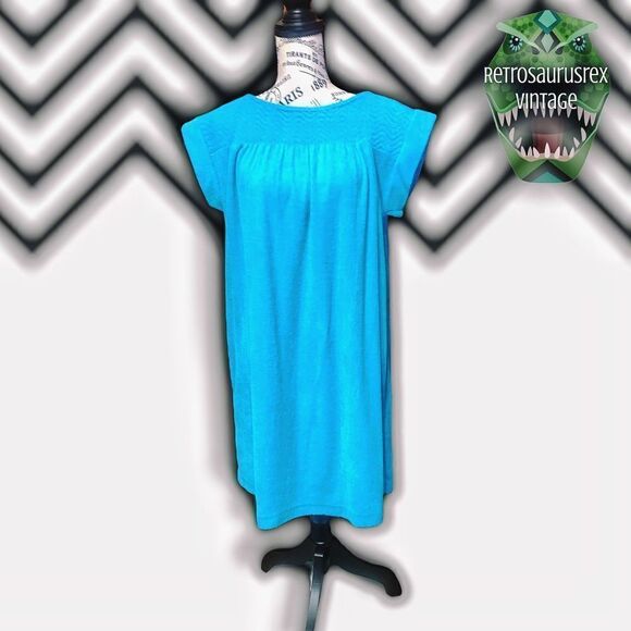 vintage 1970’s Twee Turquoise Terry Cloth Robe Coverup Bath Dress, Large - Picture 6 of 7